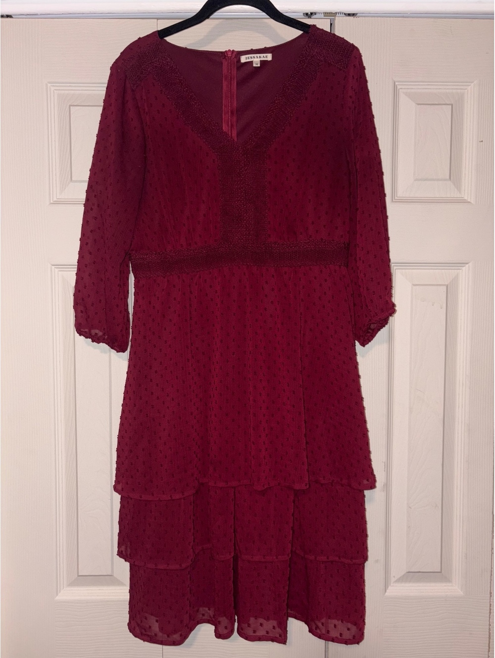 JessaKae Dress Womens M Burgundy Swiss Dot Chiffon Tiered Midi Lace Romantic